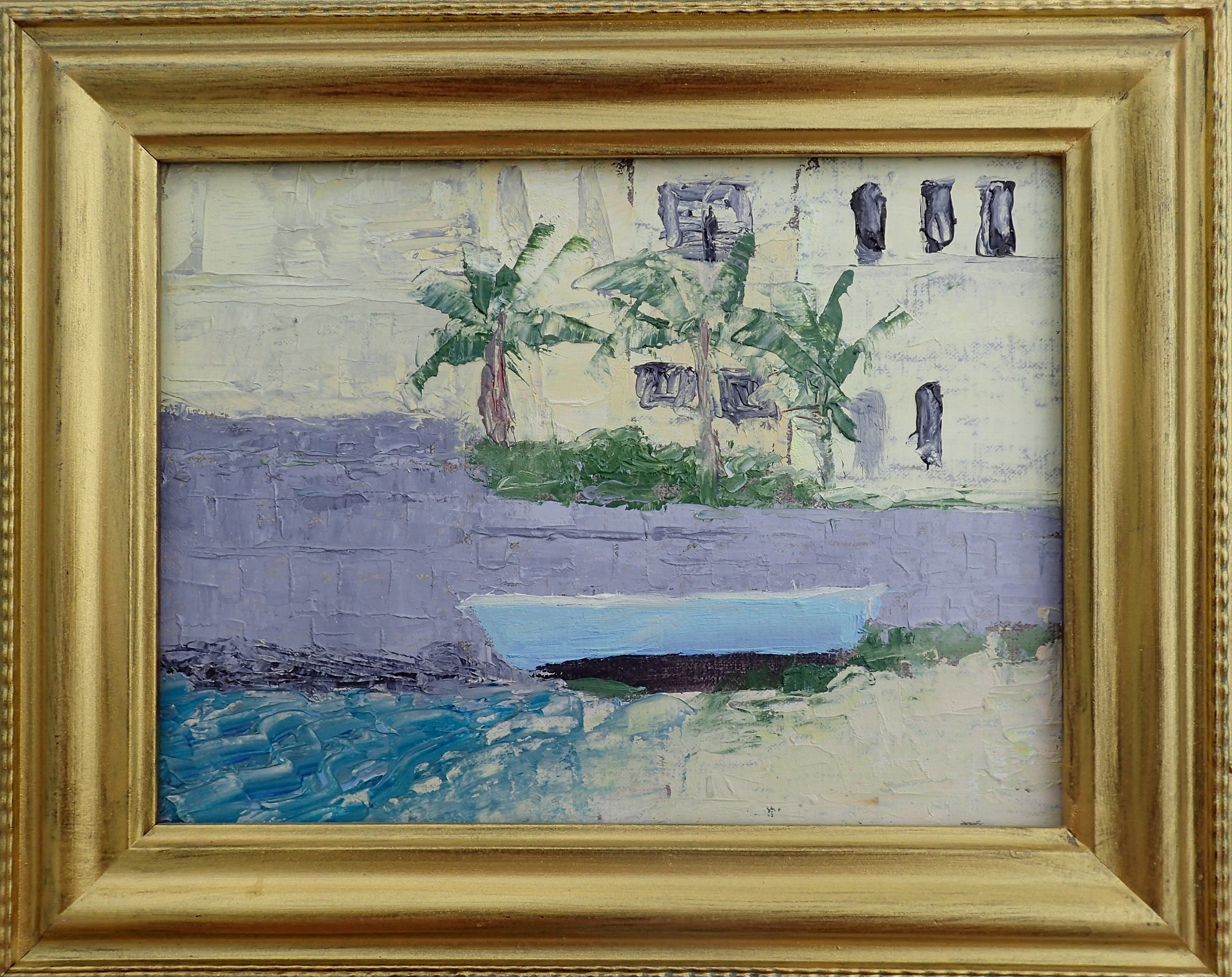 On Great Guana Cay upscale large homes are emerging post Dorian.  This beach at Grabbers on Fishers Bay shows the contrast of a washed up boat next to a huge home under construction.  Oil on Canvas 8x